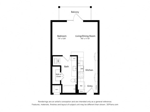 Floor plan for studio, 1 bath, 504 sqft